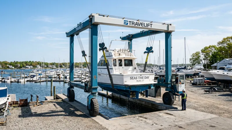 A travel-lift hauling a boat out of the water