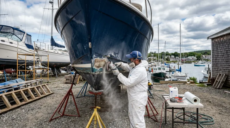 A boat being repaired on stands in a boatyard
