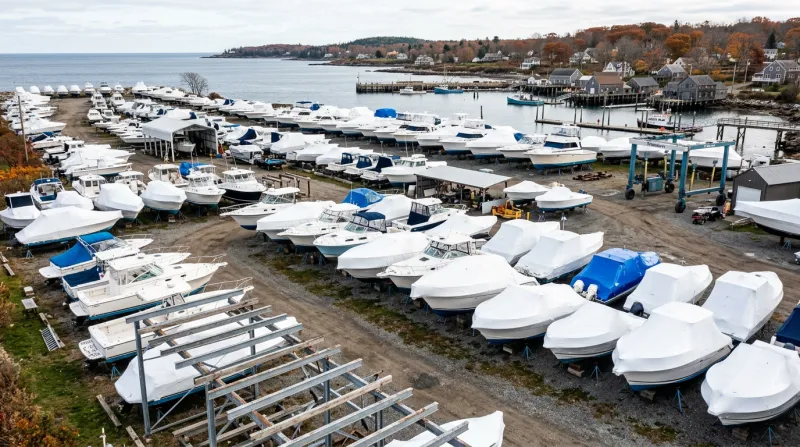 Boats stored on stands in a boatyard