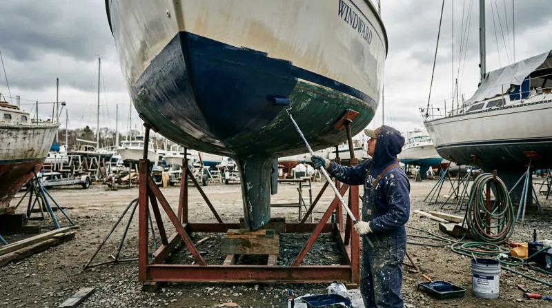 A boat hull being bottom-painted in a boatyard