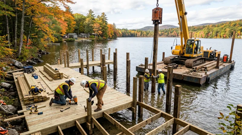 A boat dock being installed at the water’s edge