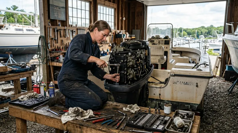 A mechanic repairing a marine engine