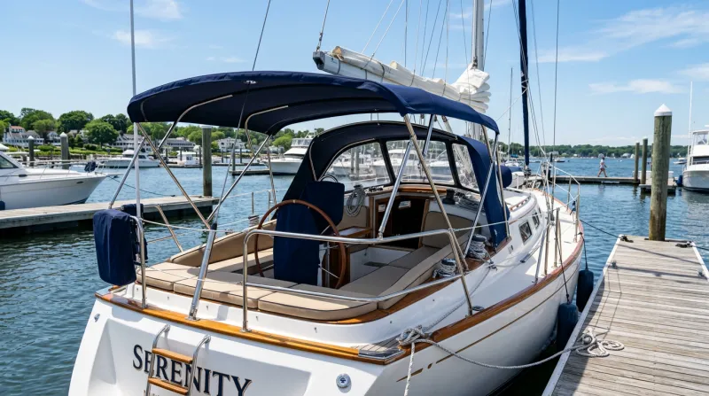 A boat with custom marine canvas and upholstery