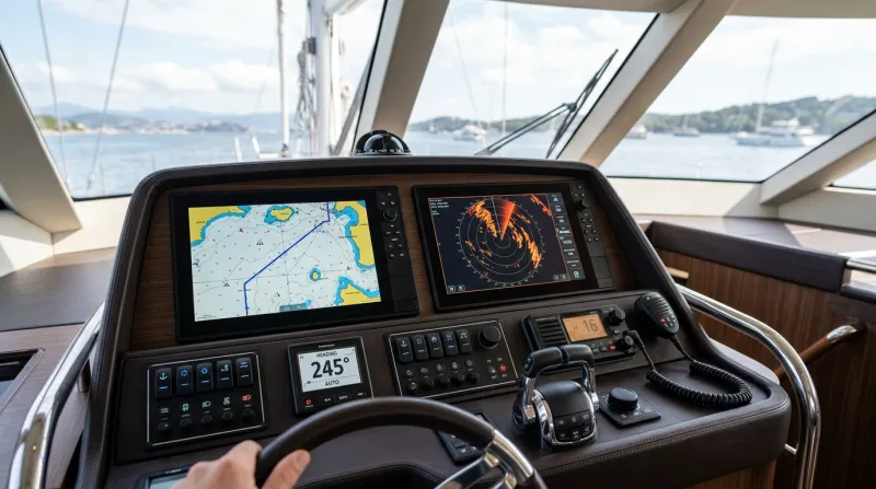 A boat helm with GPS and marine navigation electronics