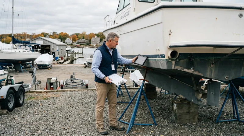 A marine surveyor inspecting a boat