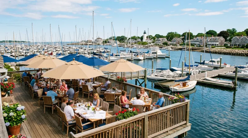A waterfront restaurant deck overlooking a harbor